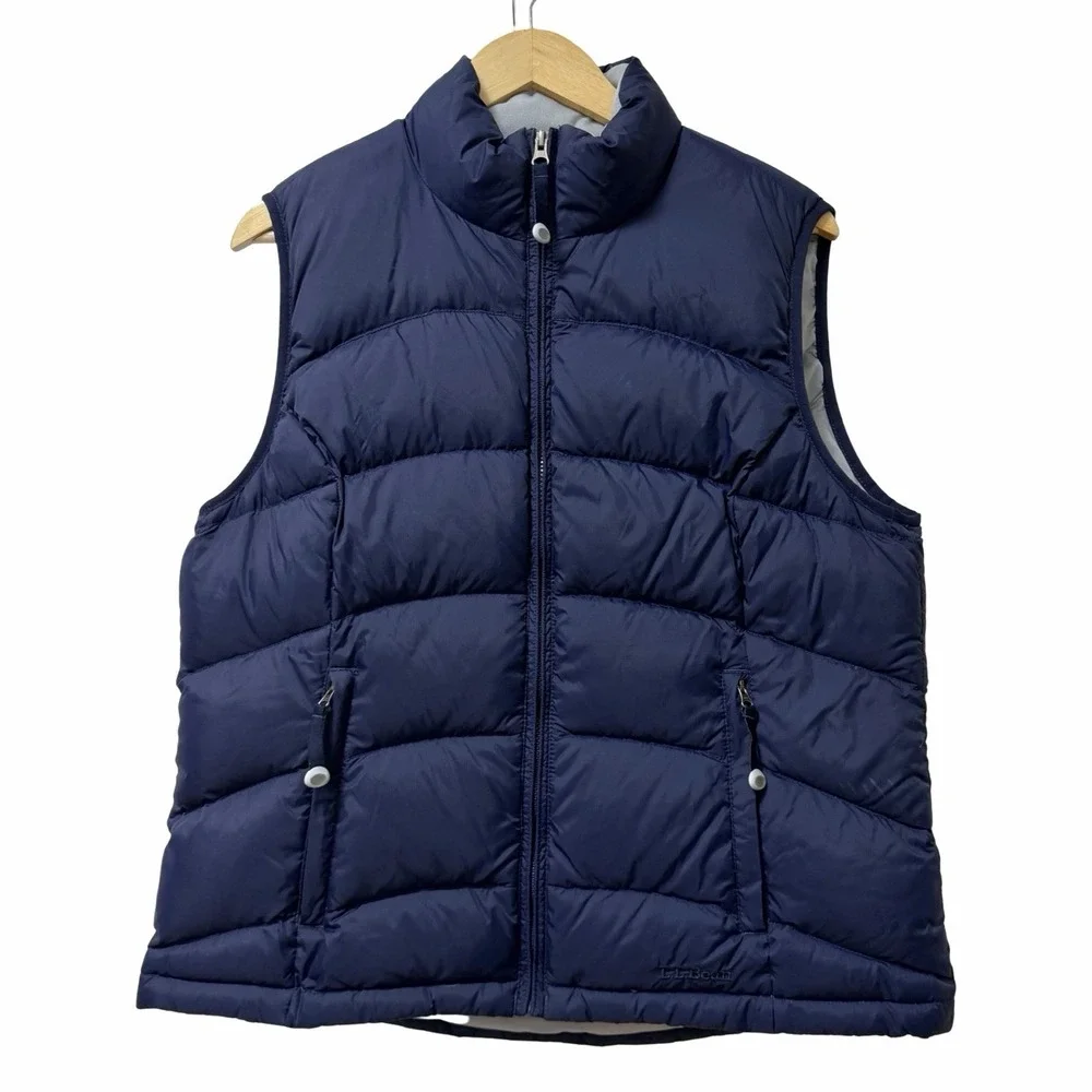 LL Bean Womens Down Full Zip Puffer Vest Size L Blue Outdoor Layers Granola